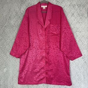 Vtg Satin Sleep Long Shirt Dress 1X Pink Button Up Jacquard Nighty Lounge Casual